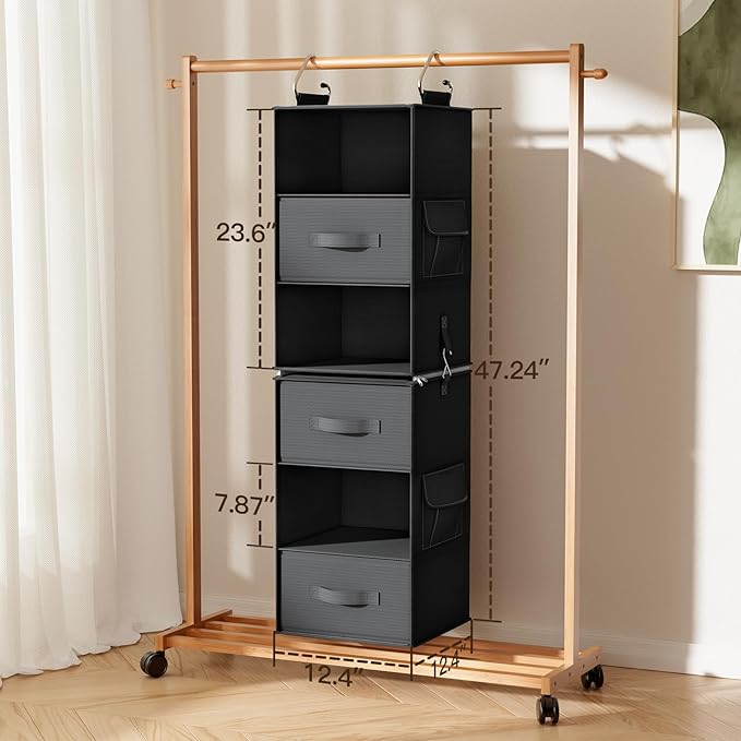 Pipishell 6-Shelf Hanging Closet Organizer, Hanging Shelves with 2 Separable 3-Tier Shelves, Closet Shelves Organizer with 3 Removable Drawers for Wardrobe, Nursery, Baby Clothes Organizer, Black