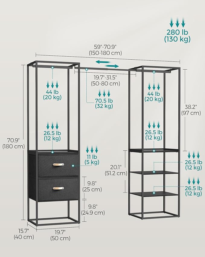 SONGMICS Clothes Rack, 70.9 Inch Wardrobe Freestanding Closet, Heavy Duty Garment Rack with 1 Extendable Hanging Rod, 2 Drawers and 4 Shelves, for Bedroom, Space-Saving, Ebony Black URGR003B56