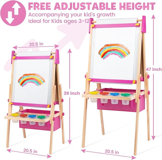 Art Easel for Toddlers Kids, Adjustable Standing Art Easel with Magnetic Chalkboard & Whiteboard, Dry-Erase Board, Paper Roll, Drawing & Painting Easel for Kids Ages 3 4-8 9-12, Pink w/Bag