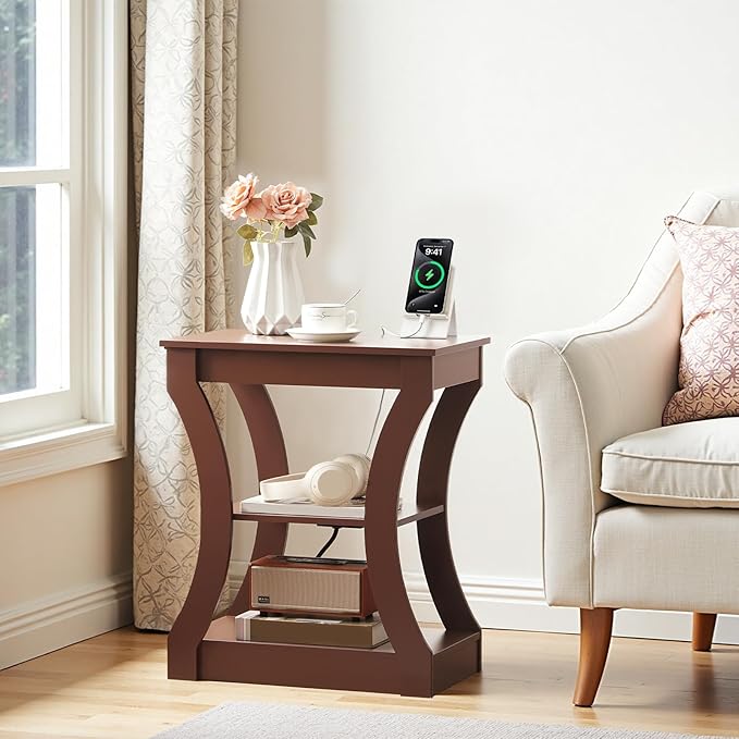 End Table with Charging Station, Side Table with USB Ports and Outlets, 3 Tier Nightstand with Storage Shelf for Small Spaces, Living Room, Bedroom, Cherry ETWA53E01