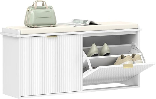 HOMCOM Shoe Bench with Padded Seat Cushion and 2 Flip-Drawers, Entryway Bench Holds up to 529lb, Shoe Cabinet, 40.9x10.2x18.7 Inches, White