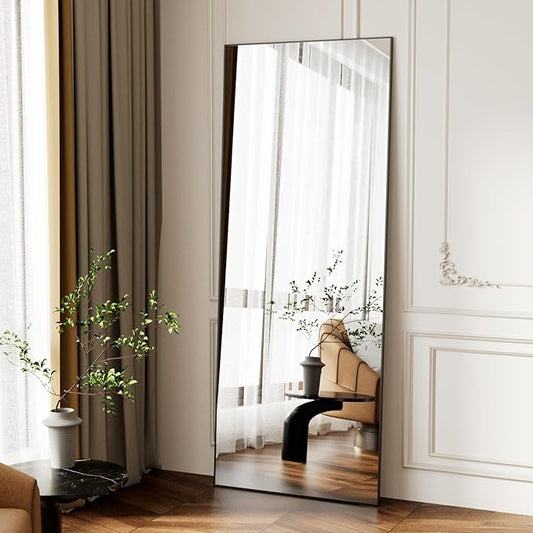 56"x15" Full Length Mirror, Black Tempered Glass Rectangle Floor Standing Mirrors,Wall Mounted Hanging Aluminum Alloy Frame Bedroom Floor