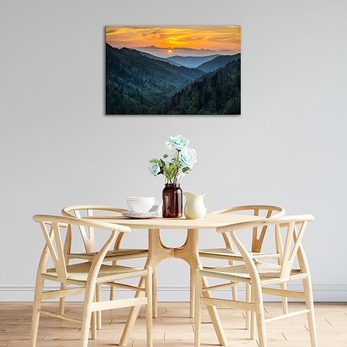 Forest Sunrise Wall Art Decor Great Smoky Mountains Photo Prints National Park Landscape Canvas Painting Artwork Framed for Bedroom Living Room (24x36 inch)