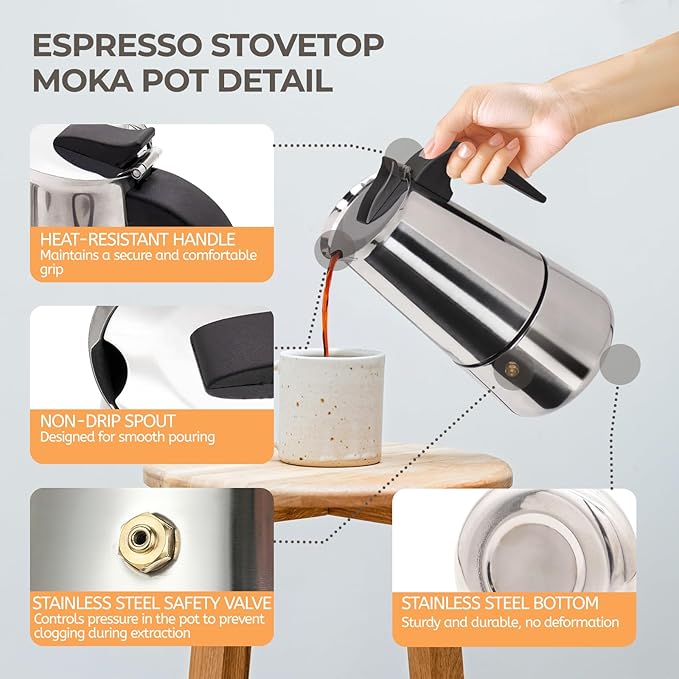 4 Cup 200ml Moka Pot Stainless Steel Espresso Coffee Maker Stovetop Percolator Coffeemaker Italian Classic Style Brewing Greca Cafe Mocha Machine for Cafeteras Lover Camping Travel and Home Use 6.6oz