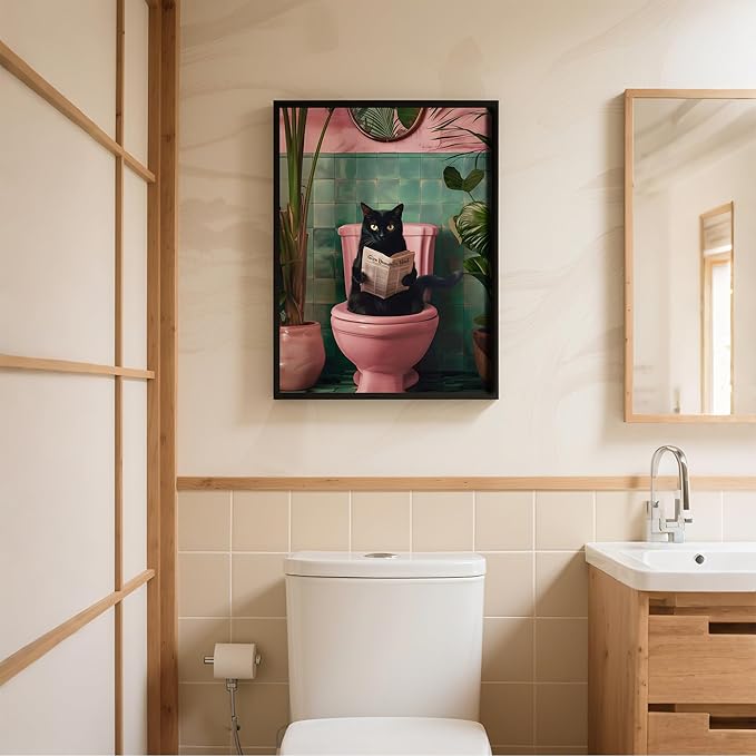 Framed Vintage Cat Canvas Wall Art, Funny Pink Animal Reading Books Painting Picture Print, Cute Kitten Lovers Aesthetic Wall Decor for Nursery Girls Room Bedroom Kids Room 24''L x 16''W