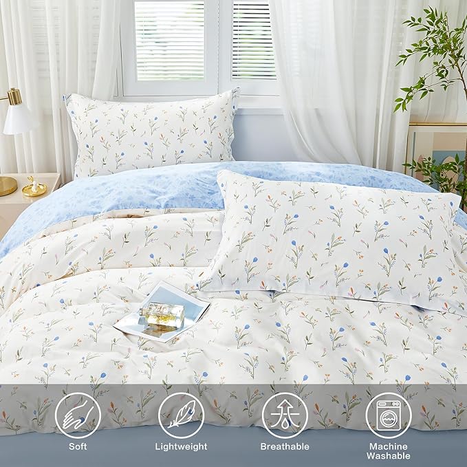 SAPHREAS King Size Blue Floral Duvet Cover Set 3pcs Botanical Flower White Bedding Comforter Cover Set 100% Cotton 1 Duvet Cover 104"x90" 2 Pillow Shams, Comforter Not Included