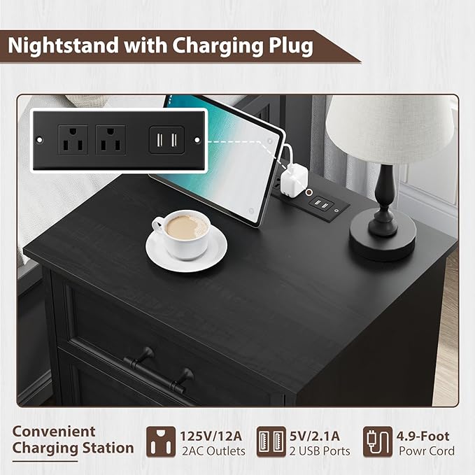 Farmhouse Nightstand with Charging Station, Black Wood Bedside Table & End Table with 3 Drawers and Unique Base Design, Side Table Storage Cabinet with Metal Handles for Bedroom, Living Room