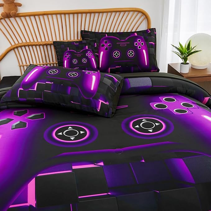 PERFEMET 6 Pieces Bed in A Bag Gamer Comforter Set Queen Size Purple Gaming Bedding Set for Boys Kids Teen Soft Lightweight Video Game Black Quilt Bedspread Set(Purple, Queen)