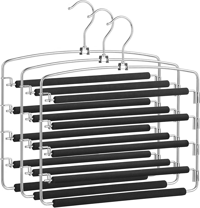 SONGMICS Pants Hangers, Set of 3, 5 Tiers Non-Slip Skirt Hangers, Space Saving Pants Organizers, for Closet, Silver and Black UCRI041BK