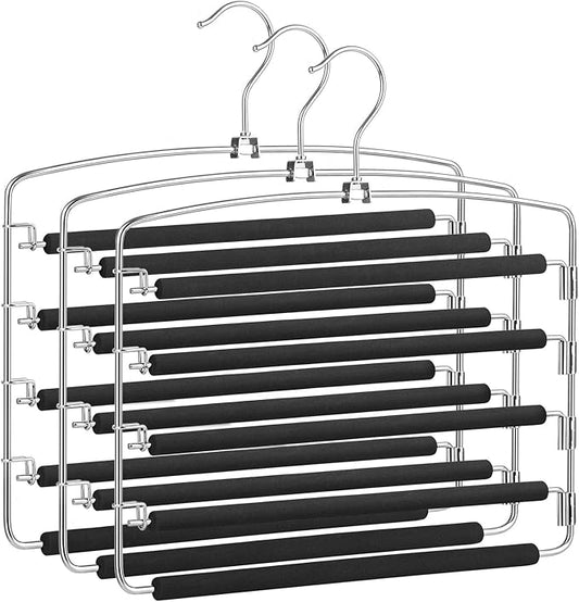 SONGMICS Pants Hangers, Set of 3, 5 Tiers Non-Slip Skirt Hangers, Space Saving Pants Organizers, for Closet, Silver and Black UCRI041BK