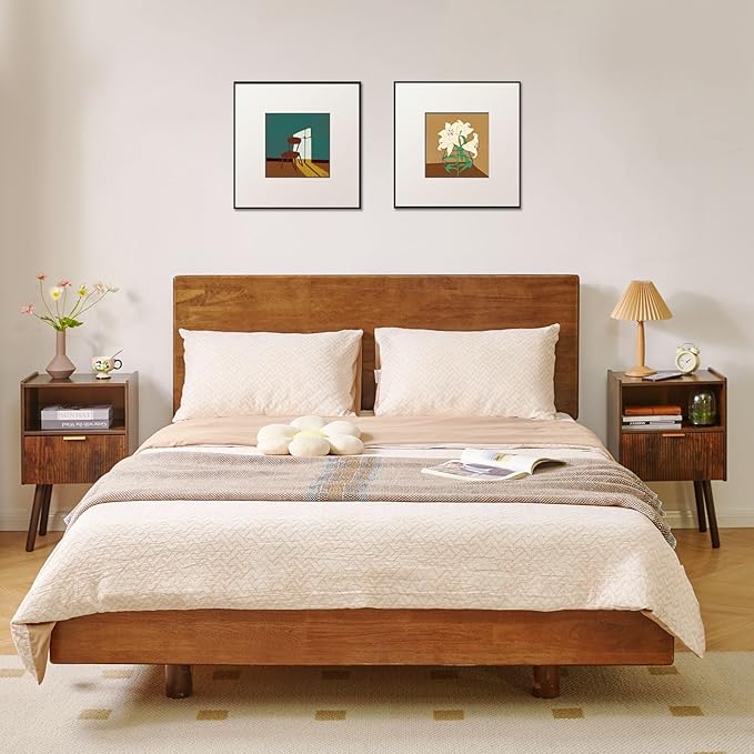 Night Stand with Drawer, Modern Nightstand, Bedside Tables, Mid Century Nightstands with Open Storage Shelf,Small Night Stands, 2-Tier Night Table,Rustic Brown YD-TM061H