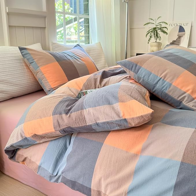 FACE TWO FACE Bedding Duvet Cover Set100% Washed Cotton Duvet Cover Linen Like Textured Breathable Durable Soft Comfy (California King, Cookie Powder Grid)
