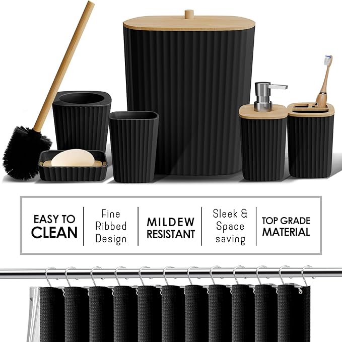 Shower Caddy and Bathroom Accessories Set 25PC Bathroom Accessory Set with Shower Shelf Caddy for Bathroom Storage, Black Shower Curtain Set, Toilet Brush, Trash Can, Soap Dispenser, Toothbrush holder
