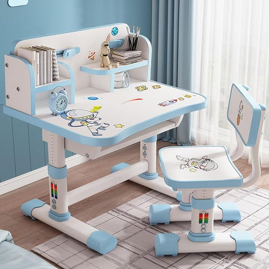 Kids Desk and Chair Set, Height Adjustable Kids Study Table and Chair Set, Children School Desk with Storage Drawer and Book Stand, Ergonomic Child Toddler Deskwith Sitting Posture Corrector (Blue 1)