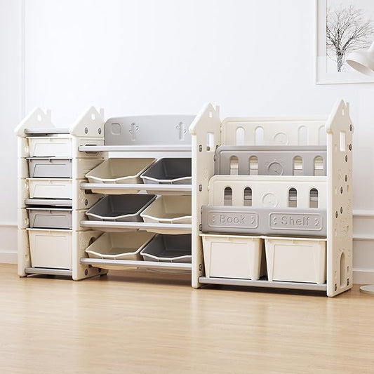 3 in 1 Kids Toy Storage Organizer with Bookshelf, Large Toddler Toy Storage Cabinet Box Bin for Living Room, Playroom/Classroom, Toy Shelf for Girl Boy