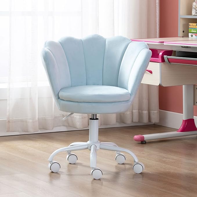 Velvet Kids Desk Chair Cute Computer Chair Modern Upholstered Swivel Arm Chair Adjustable Rolling Vanity Chair for Bedroom Living Room Girls (Blue)