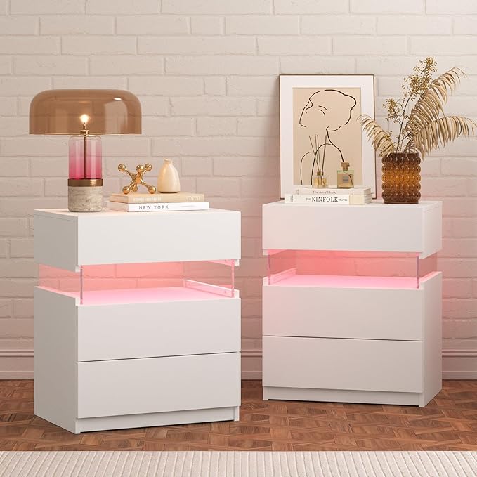 Bingoday LED Nightstand 2 Nightstands Bedroom set of 2 Bedroom Night Stands with Drawers Modern Bedside Table with 3 Drawers
