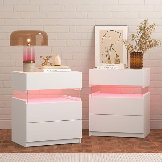 Bingoday LED Nightstand 2 Nightstands Bedroom set of 2 Bedroom Night Stands with Drawers Modern Bedside Table with 3 Drawers