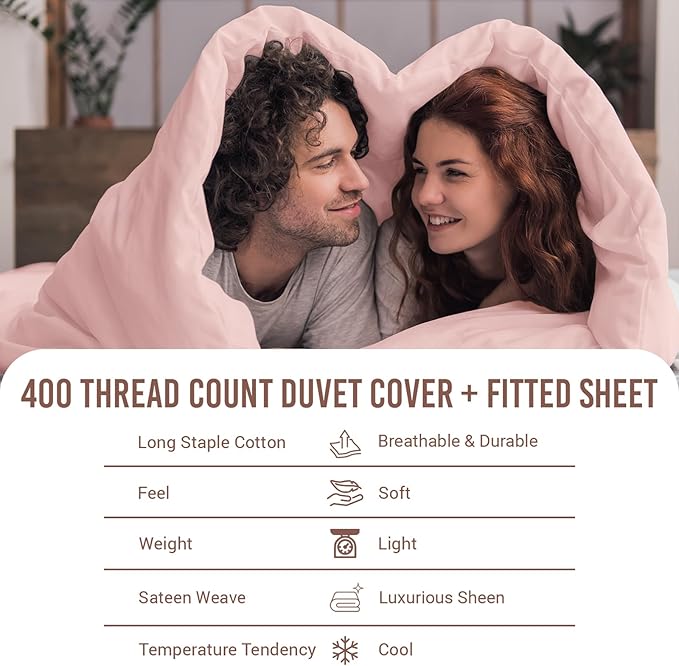 Pizuna 100% Cotton Twin 2 Pc Duvet Cover + 1 Pc Fitted Sheet Set 400 Thread Count Light Pink Sateen Weave Luxurious Long Staple Cotton 4 Piece Bedding Set-1 Duvet Cover, 1 Pillow Sham, 1 Fitted Sheet