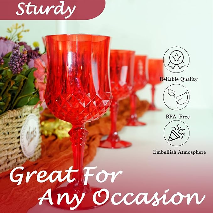Plastic Wine Glasses，Plastic Goblets Vintage Style Cordial Drinking Glasses for Wedding Reception, Grand Event Party Supplies (48, Red)