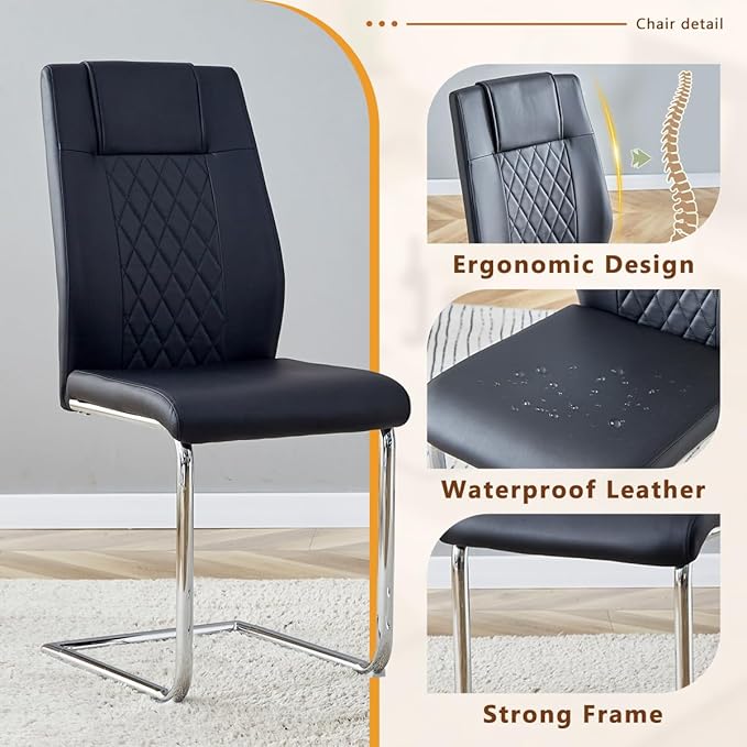 63'' Glass Dining Table Set for 6, Kitchen Table Chairs Set of 6, Clear Glass Dining Table with White unique design Leg and Silver Metal Base, 6 PU Dining Chairs with Metal Legs, Living Room, Kitchen.