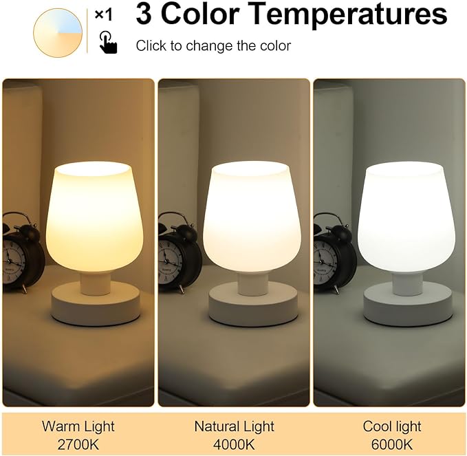 Touch Bedside Table Lamp, Dimmable Small Table Lamp for Bedroom with White Opal Glass Lamp Shade and LED Bulb, Modern Nightstand Lamps, Desk Lamp with Plug for Living Room Bed