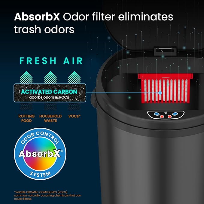 iTouchless 13 Gallon Automatic Trash Can with Odor Control System – Black Round Kitchen Sensor Garbage Bin for Kitchen or Office