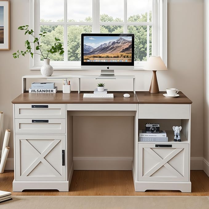 63" Executive Desk, Home Office Desk with Lift Top, Farmhouse Gaming Desk with File Drawer, Charging Station, Sensor Lights Wood Computer Table with Monitor Stand (White)