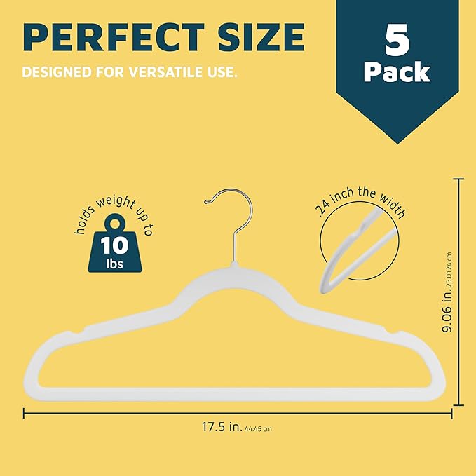Velvet Clothes Hanger – with 360 Degree Swivel Hook and Non-Slip Shoulder Notch, Holds Up to 10 lbs, Heavy Duty Hanger Set, for Organizing Suit, Dress, Coat, and Clothes, Pack of 5, White