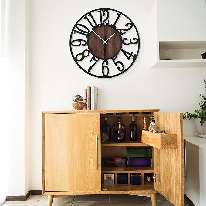 LEIKE Extra Large Wall Clocks,Silent Little Ticking,Battery Operated Vintage Round Modern Wood Wall Clock for Living Room, Bedroom,Farmhouse,Office Home Decor-32 Inch(Black-Arabic Number)