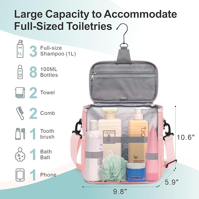 F-color Hanging Shower Caddy Portable - College Dorm Essentials for Girls with Hooks, Soft Crossbody Shoulder Strap, Multiple Pockets, Quick-Dry Shower Bag for Dorm Travel Essentials, Pink