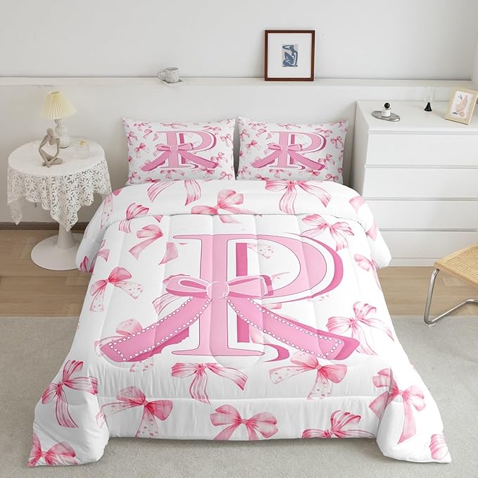 jejeloiu Kids Girls Cute Pink Bow Comforter Set King Size Monogrammed Bedding Set Ultra Soft Personalized Initial P Duvet Quilt Coquette Bow Knot Quilt Set Room Decor Modern Fashion Comforter