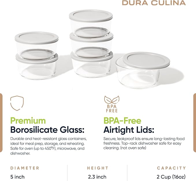 12-Piece Glass Food Storage Containers Set (6 Containers + 6 BPA-Free Lids) | 2-Cup, Leakproof | Microwave, Freezer, Oven & Dishwasher Safe | Ideal for Meal Prep & Pantry Organization