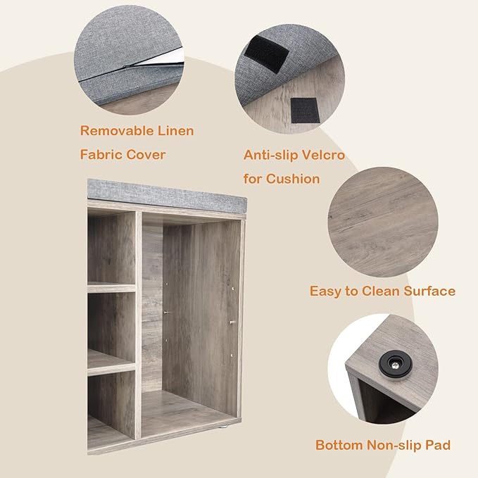 DINZI LVJ Shoe Storage Bench with Cushion, Cubby Rack with 12 Cubbies, Adjustable Shelves, Multifunctional Organizer Bench for Entryway, Mudroom, Hallway, Closet and Garage, Greige