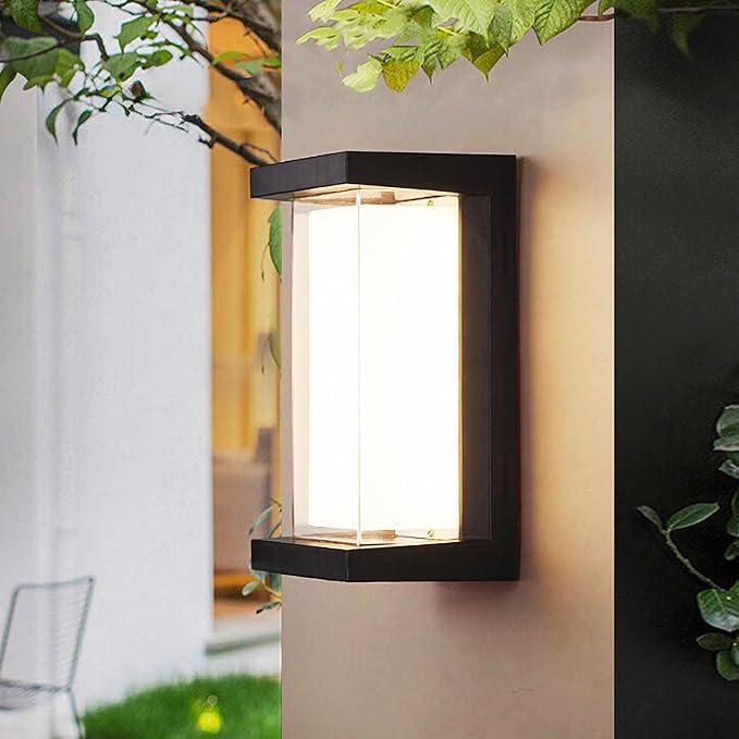 FUPE 24W LED Outdoor Wall Lights 3 Color Exterior Wall Sconce Outside Light Fixtures Exterior Porch Wall Lighting with Double Shade, Modern Matte Black Wall Lamps for Patio Front Door Entryway, 1-Pack