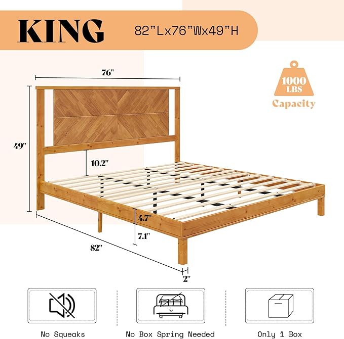 AMERLIFE Solid Wood King Size Bed Frame with Headboard, Mid Century Modern Style Platform Bed with Under-Bed Storage, No Box Spring Needed, Noise Free, Easy Assembly, Light Brown