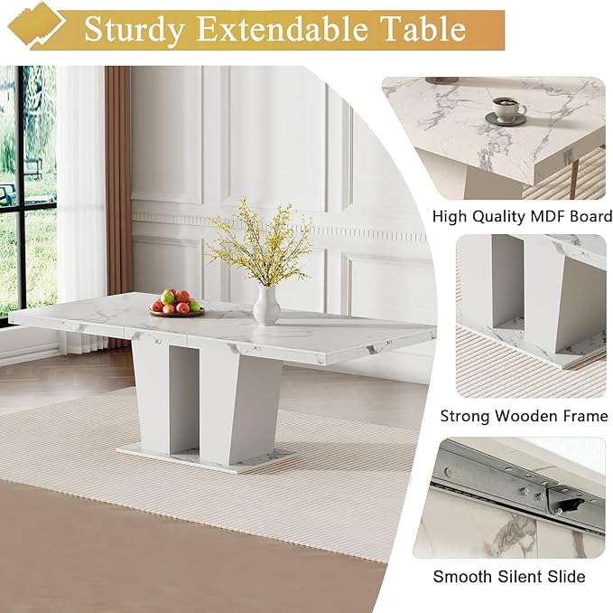 5-Piece Extendable Dining Table Set for 4-8 People 63-78 Inch Kitchen Table Set with 4 Black Upholstered Chairs Modern White Faux Marble Rectangular Dining Room Table Set for Kitchen Apartment