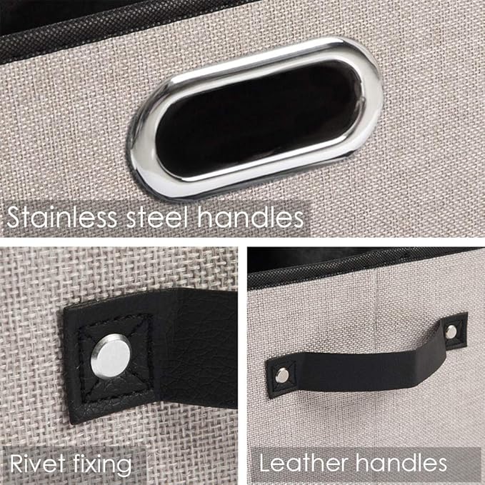 PRANDOM Large Fodable Storage Bins for Closet [3-Pack] Decorative Linen Fabric Storage Bins Cubes with Leather/Metal Handles for Shelves Bedroom Living Room Light Grey (14.9x9.8x8.3 Inch)