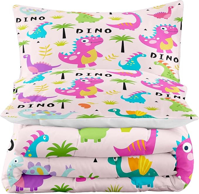 Tailor Shop Pink Dinosaur Comforter Set,Cartoon Dinosaur Queen Bedding Set for Girls,Colorful Dino Kids Comforter Sets,Dinosaur Bed Set,with 1 Comforter 2 Pillowcase, Yh-dino 4