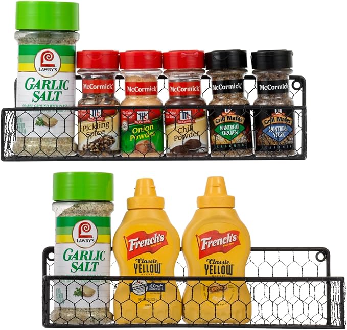 MyGift Wall Mountable Spice Rack Shelf Organizer, 12-Inch Black Chicken Wire Hanging Kitchen Seasoning Condiment Storage Display Rack, Set of 2