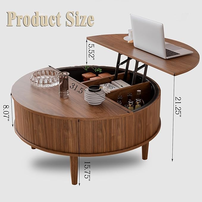 Round Fluted Lift Top Coffee Table with Storage, Mid Century Modern Coffee Table for Living Room, Home Small Space,31.5" Fluted Center Table (Brown, 31.5inch)