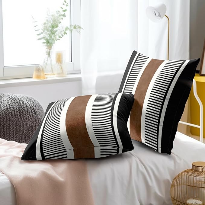 Kawani Boho Decorative Throw Pillow Covers 18x18 Inch Black White Brown Stripe Pillow Covers Set of 2 Farmhouse Rustic Decorative Pillows Modern Geometric Pillow Cases for Couch Decor