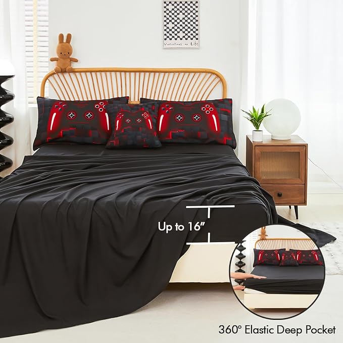 PERFEMET 6-Piece Boys Comforter Set Queen Size Game Console Bedding Set for Kids Teen 3D Black and Red Gamepad Gaming Bed in a Bag Matching Sheet Set(Red, Queen)