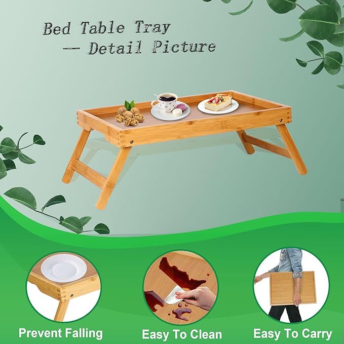 Bed Tray Table for Eating with Folding Legs, Bamboo Breakfast Table in Bed for Eating on Couch, Bed, Laptop Computer Tray(Bamboo, Medium)