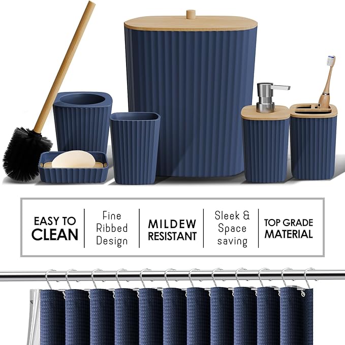 Shower Caddy and Bathroom Accessories Set, 25PC Bathroom Accessory Set with Shower Shelf Caddy for Bathroom Storage, Navy Shower Curtain Set, Toilet Brush, Trash Can, Soap Dispenser, Toothbrush holder