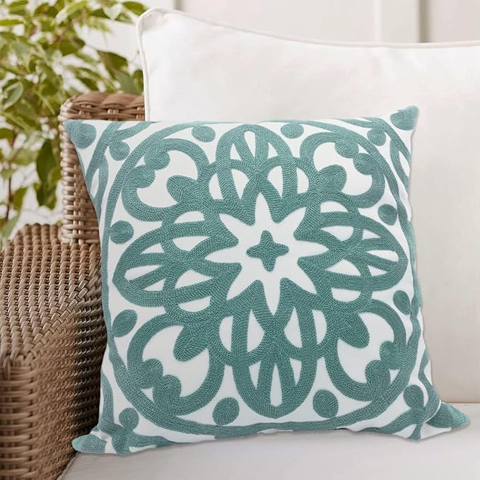 Alysheer Embroidered Decorative Throw Pillow Cover 18x18 inch, Cozy Cool Boho Mandala Chic Knit Pattern, Durable 100% Cotton Cushion Case for Sofa Couch Living Room Bedroom Office Gifts (Aqua Blue)