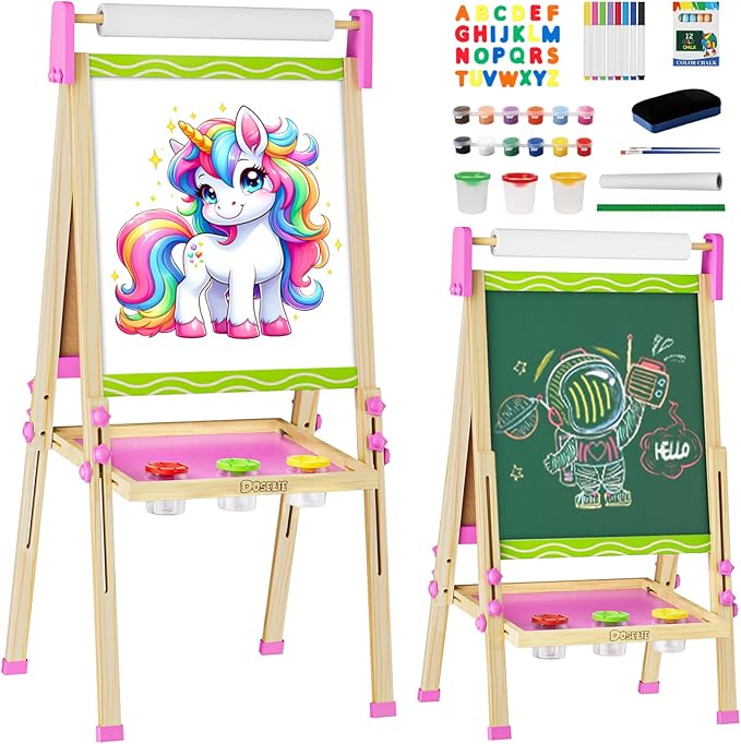 Easel for Kids,Toddler Art Easel Toys for Ages 2-4 5-7,Toys 2 3 4 5 6 7 8 9 Year Old Girl Gifts,Wooden Double-Sided Magnetic Dry Erase Whiteboard and Chalk Board with Paper Roll,Boy Girl Birthday Gift