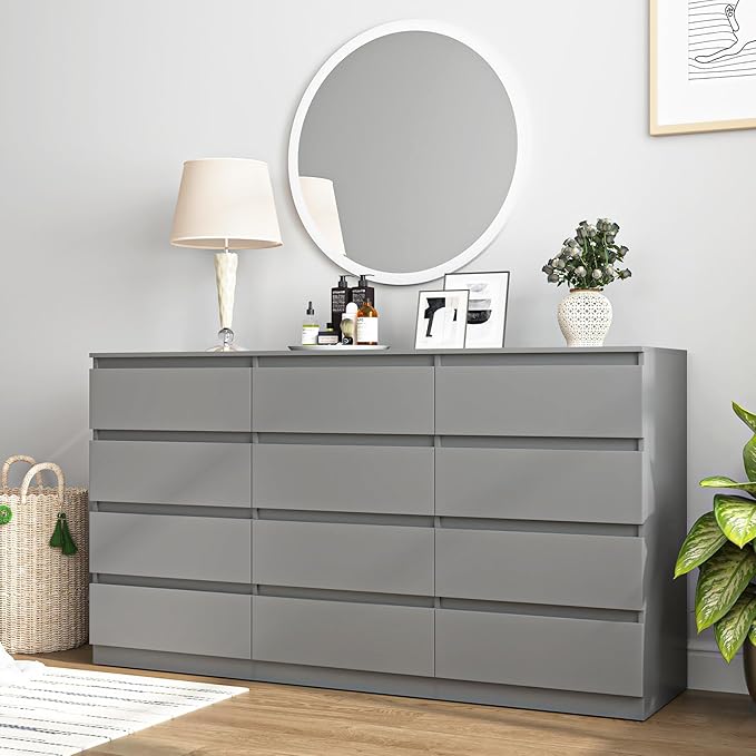 Grey Dresser for Bedroom,Modern Large 12 Drawer Dresser with Deep Drawer,Wide Storage Chest of Drawer,Wood Bedroom Storage Organizer Furniture,TV Stand for Living Room