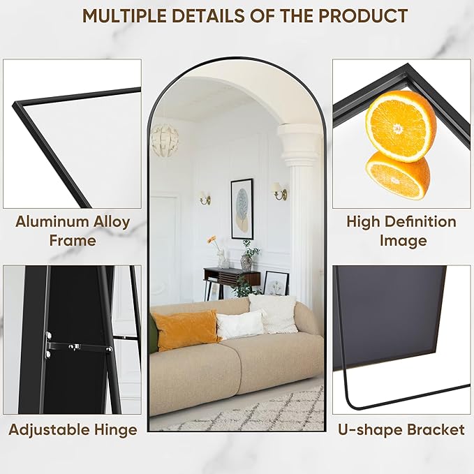 Suidia Full Length Mirror, 76"x34" Floor Standing Mirror Freestanding, Full Body Mirrors with Stand for Bedroom, Hanging Mounted for Living Room Cloakroom, Black, Arched Style
