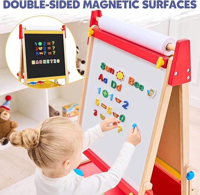 Art Easel for Toddlers Kids, Adjustable Standing Art Easel with Magnetic Chalkboard & Whiteboard, Dry-Erase Board, Paper Roll, Drawing & Painting Easel for Kids Ages 3 4-8 9-12, Red w/Bag